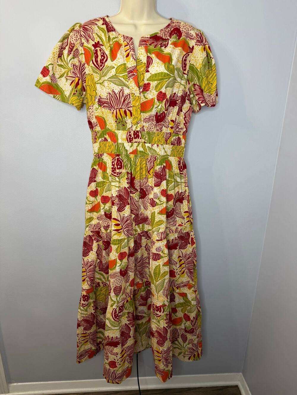 LEA Tropical Floral Midi Dress Cotton Vacation Beach Resort Women's M